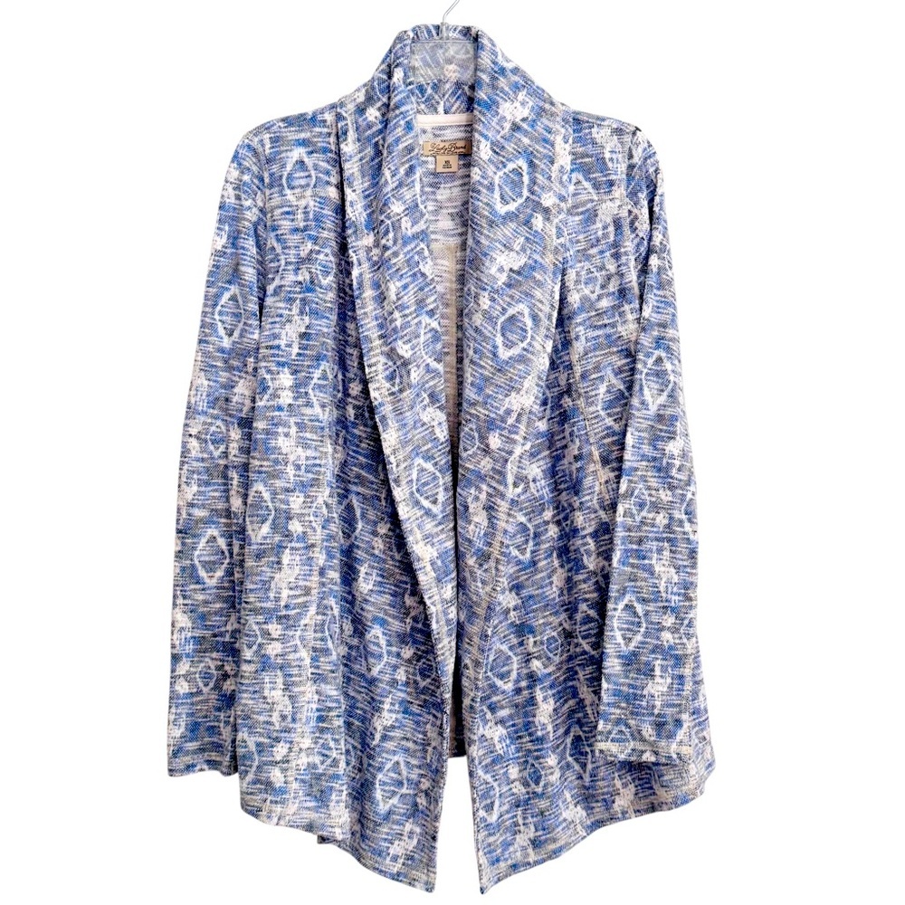 Lucky Brand Size XS Blue/White Aztec Print Open Front Cardigan Sweater
